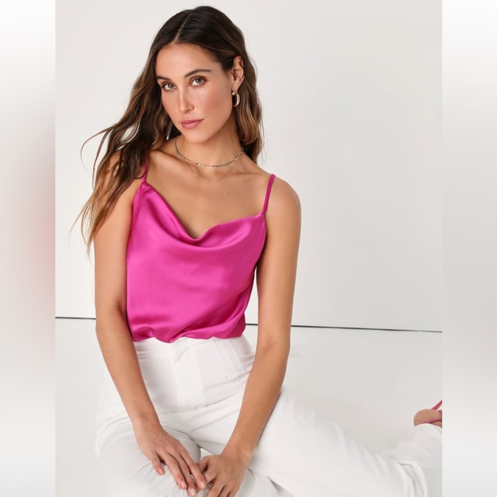 Lulus Emmerson Fuchsia Satin Sleeveless Cowl Neck Bodysuit